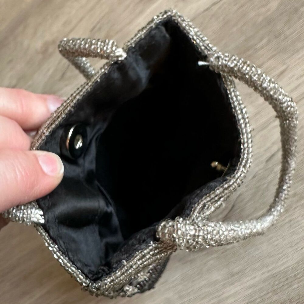 Fancy Square Sequin & Seed Beaded Handbag Shiny Black Gray Silver Satin Lining - Picture 6 of 6